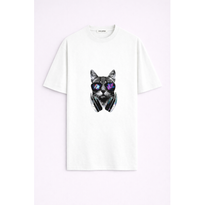 GRİ KEDİ BEYAZ ERKEK OVERSIZE T-SHIRT