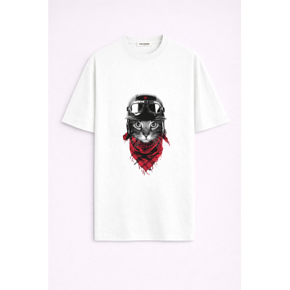 MOTORCU KEDİ BEYAZ ERKEK OVERSIZE T-SHIRT