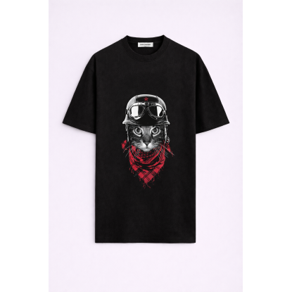 MOTORCU KEDİ SİYAH ERKEK OVERSIZE T-SHIRT